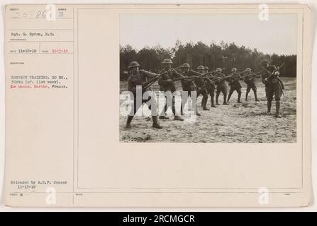 Ein Soldat des 2. Bataillons, 329. Infanterie, wird während der ersten Woche in Le Mans, Sarthe, Frankreich, beim Bajonetttraining gesehen. Das Foto wurde am 3. Oktober 1918 aufgenommen und von der A.E.P. veröffentlicht Zensor am 15. November 1918. Stockfoto