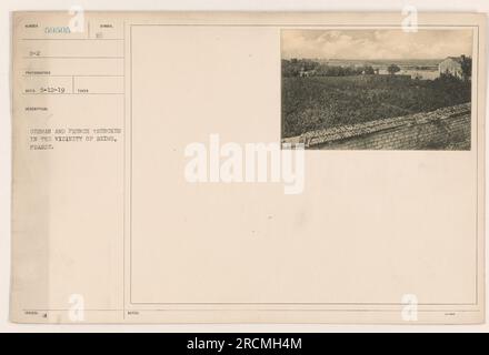 Deutsche und französische Schützengräben in der Nähe von Reims, Frankreich. Dieses Foto wurde von dem G-2-Fotografen Sunber aufgenommen und zeigt die Anordnung der Gräben. Sie wurde am 12. Mai 1919 empfangen und ist mit dem Beschreibungssymbol „59505 G-2“ gekennzeichnet. Zugehörige Notizen wurden am 4. März herausgegeben. Stockfoto