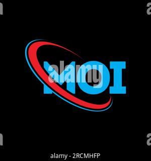 MOI-Logo. MOI-Brief. LOGO mit MOI-Buchstaben. Initialen MOI-Logo, verbunden mit einem Kreis und einem Monogramm-Logo in Großbuchstaben. MOI-Typografie für Technologie, Geschäfte Stock Vektor