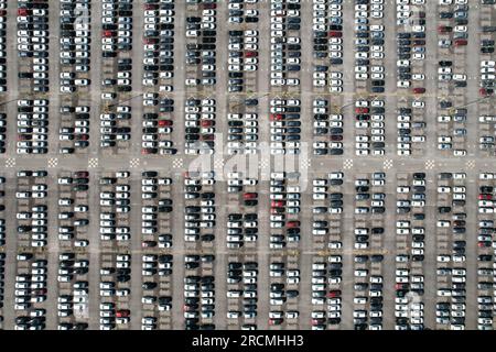 Luftaufnahme des Neuwagenbestands auf dem vollen Werksparkplatz. Automobilindustrie. Logistikgeschäft. Stockfoto