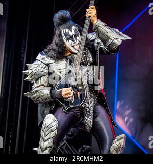 Kiss tritt live auf ihrem letzten europäischen Konzert in Tonsberg, Norwegen, am 15. Juli 2023 auf Stockfoto