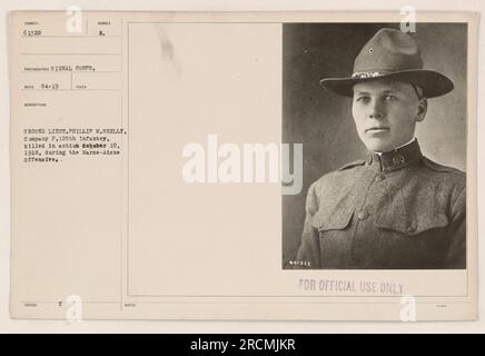 Zweiter Leutnant Phillip M. Shelly, Kompanie F der 125. Infanterie, wurde am 10. Oktober 1918 während der Marne-Aisne-Offensive auf tragische Weise getötet. Dieses Foto, das vom Signalkorps aufgenommen wurde, dient als Gedenkstätte und offizielle Aufzeichnung seines Opfers. (50 Wörter) Stockfoto