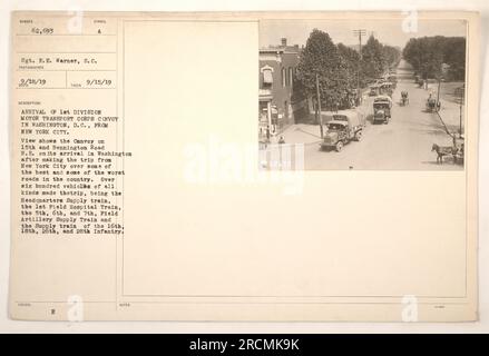 Ankunft des 1. Division Motor Transport Corps Konvois in Washington, D.C. aus New York City. Der Konvoi wird auf der 15. und der Bennington Road N.E. gesehen, nachdem die Fahrt sowohl auf guten als auch auf schlechten Straßen beendet wurde. Mehr als 600 Fahrzeuge, darunter der Versorgungszug des Hauptquartiers und verschiedene Züge zur Versorgung von Feldartillerie und Infanterie, waren Teil des Konvois." Stockfoto