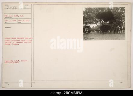 Sergeant A.C. Duff vom Signalkorps hat dieses Foto am 3. Oktober 1918 im Ersten Weltkrieg aufgenommen. Das Bild zeigt ein abgestürztes deutsches Flugzeug, das von deutschen Gefangenen zur Tarnung benutzt wurde. Es wurde irgendwo zwischen sehr und Cheppy in Frankreich aufgenommen. Dieses Foto wurde vom A.E.F-Zensor genehmigt. Stockfoto