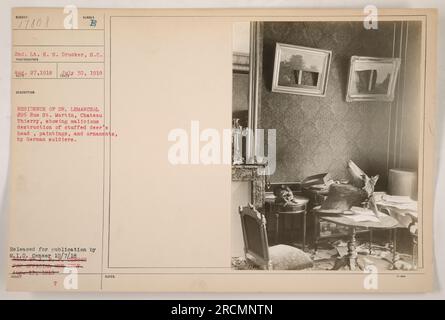 Deutsche Soldaten zerstörten böswillig einen ausgestopften Hirschkopf, Gemälde und Ornamente in Dr. Lemarchals Residenz in Chateau Thierry. Das Foto, aufgenommen von 2. LT. H.S. Drucker vom Signalkorps zeigt die Beweise deutscher Aggression und Vandalismus während des Ersten Weltkriegs. Das Bild wurde am 7. Oktober 1918 zur Veröffentlichung durch den Zensor freigegeben. Stockfoto