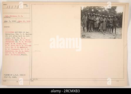 Gruppenfoto überlebender Offiziere des 2. Bataillons, 6. US-Marines. Sie bereiten sich darauf vor, im Ersten Weltkrieg in die Lager zurückzukehren Abbildung von links nach rechts: LT. G.A. Grunland, Kapitän G.L. Weiß (Chirurgen), LT. G.B. Erskine, Hauptmann E.Y. Lloyd, Kapitän R.T. Zone, Major T. Holcomb (befehlshabender Offizier), Leutnant C.B. Bates, Leutnant E.J. Stockwell, Leutnant J.B. Schneider, Leutnant J.A. West und LT. H. R. Shirkel. Aufgenommen in Bois De Boileau, Frankreich. Foto veröffentlicht von A.E.P. am 23. Juli 1918. Identifikation bestätigt von T. Cates, Cheffotograf der Offiziellen Presse, Marine Corps. Stockfoto