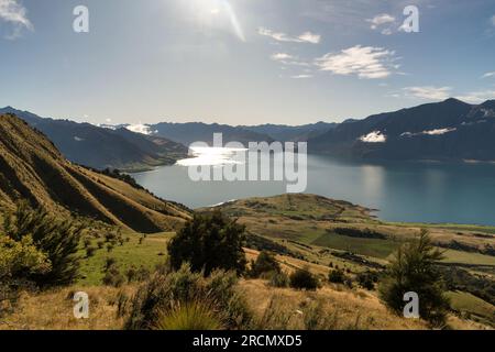 Von den oberen Hängen des Isthmus Peak Walk aus blickt man auf den Hawea-See Stockfoto