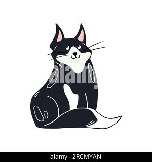 Süße schwarze Katze sitzt. Kätzchen im handgezeichneten Stil. Vektordarstellung isoliert auf weißem Hintergrund. Stock Vektor