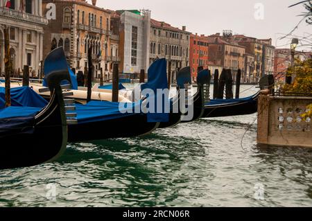 Gotische Architektur und Gondeln am Canal Grande im Viertel San Marco in Venedig, Italien. Stockfoto