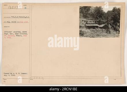 Offiziersquartier der Infanterie des 325. Regiments, 82. Division, in St. Jacques, Frankreich. Aufgenommen am 1. Juli 1918 von Pvt. R. Trabold. Dieses Foto ging am 24. August 1918 ein und wurde am 2. August 1918 vom A. E. P. Censor genehmigt. Stockfoto