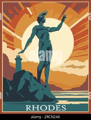 Ein Reiseposter im Vintage-Stil mit dem Koloss von Rhodos, dem Wunder der antiken Welt. Stock Vektor