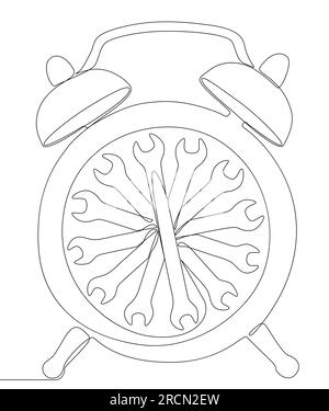 Eine durchgängige Weckerleitung mit Schraubenschlüssel. Vektorkonzept zur Darstellung dünner Linien. Kontur Zeichnen kreativer Ideen. Stock Vektor
