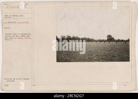 Ein Zug des 2. Ingenieurbataillons, 329. Infanterie, wird auf diesem Bild während eines Angriffs in Le Mans, Sarthe, Frankreich, gezeigt. Das Foto wurde am 5. Oktober 1918 aufgenommen und erhielt es am 12. November 1918. Es wurde von der A.E.P. veröffentlicht Zensor am 15. November 1918. Stockfoto