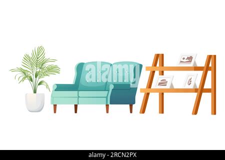 Innenraum des Heims mit Sofabett und Pflanzen Einfache minimalistische Vektordarstellung isoliert auf weißem Hintergrund Stock Vektor
