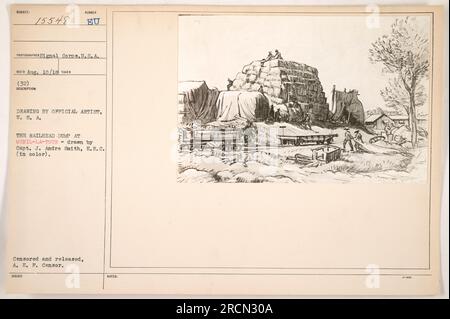 Farbzeichnung von Captain J. Andre Smith, E.R.C., mit Darstellung der Eisenbahnhalle in Menil-la-Tour während des 1. Weltkriegs Die Zeichnung wurde zensiert und von A. E. P. Censor veröffentlicht. Dieses Bild ist Teil der Sammlung amerikanischer Militäraktionen während des Krieges. Stockfoto