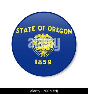 Symbol für den Kreis der Oregon-Flagge, rundes US-Abzeichen mit Schatten. Realistische 3D-Vektordarstellung auf Weiß isoliert. Stock Vektor