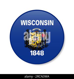 Symbol für den Kreis der Wisconsin-Flagge, rundes US-Abzeichen mit Schatten. Realistische 3D-Vektordarstellung auf Weiß isoliert. Stock Vektor