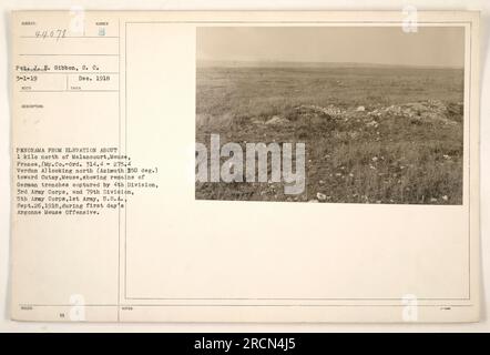 Panoramablick auf deutsche Schützengräben, die während des ersten Tages der Argonne Mause Offensive am 26. September 1918 von der 4. Division, dem 3. Armeekorps und der 79. Division, dem 5. Armeekorps aufgenommen wurden. Das Foto wurde von einer Höhe von etwa 1 km nördlich von Malancourt, Maas, Frankreich aufgenommen und zeigt die Überreste der Gräben mit Blick nach Norden in Richtung Cutsy, Maas. Das Bild wurde im Dezember 1918 aufgenommen. Stockfoto