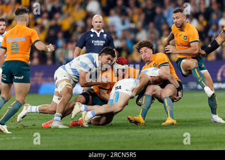 Sydney, Australien. 15. Juli 2023. Mateo Carreras aus Argentinien wird am 15. Juli 2023 beim eToro Rugby Championship 2023 zwischen Australien und Argentinien im CommBank Stadium in Sydney, Australien, angegriffen. Credit: IOIO IMAGES/Alamy Live News Stockfoto