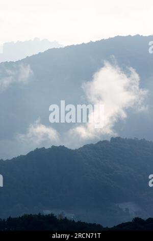 Die Landschaft der blauen Berge bei Sonnenaufgang, weicher Nebel, der über ein Tal driftet. Chiang Mai, Thailand. Stockfoto