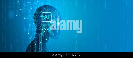 Künstliche Intelligenz. KI-digitales Gehirn. Menschliches Gesicht mit Schaltkreismuster und binärem Code. Humanoide Robotersilhouette. Technische Illustration Stockfoto