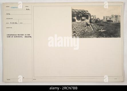 Luftaufnahme der schweren Zerstörung in der Stadt Bixschoote, Belgien während des Ersten Weltkriegs. Die Gebäude liegen in Ruinen und zeigen die verheerenden Auswirkungen des Krieges. Dieses Foto wurde von einem amerikanischen Militärfotografen aufgenommen und erhielt es am 12. Mai 1919. Stockfoto