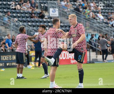 Chester, Pennsylvania, USA. 15. Juli 2023. 15. Juli 2023, Chester PA - Philadelphia Union Player, JAKOB GLESNES (5) wärmt sich auf, bevor das Spiel mit NYCFC im Subaru Park in Chester PA stattfindet (Kreditbild: © Ricky Fitchett/ZUMA Press Wire) – NUR REDAKTIONELLE VERWENDUNG! Nicht für den kommerziellen GEBRAUCH! Kredit: ZUMA Press, Inc./Alamy Live News Stockfoto