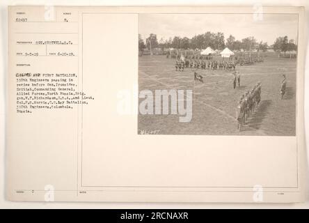 Farben und Erstes Bataillon, 310. Ingenieure, im Rückblick vor General Ironsides, britischer Befehlshaber, Alliierte Streitkräfte, Nordrussland. Das Foto wurde am 20. Juni 1919 in Solombola, Russland, von Sergeant Shotwell aufgenommen. Weitere bemerkenswerte Personen waren Brigadegeneral W.P. Richardson und Oberstleutnant P.S. Morris. Das Foto ist mit der Nummer 62497 gekennzeichnet und enthält zusätzliche Hinweise, die eine 3-monatige Option angeben. Stockfoto