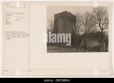 Ruinen des Hauptgebäudes von Schloss Sayn im Park von Prinz Sayn-Wittgenstein-Sayn, Sayn, Deutschland. Foto von 2. Lieutenant Nat. L. Dewell, S.C. Das Foto erhielt die Nummer 48496 und wurde am 3-1-19 ausgestellt, mit der Beschreibung „Burgruinen im Park von Prinz Sayn-Wittgenstein-Sayn, die Ruinen des Hauptgebäudes des alten Schloss Sayn zeigen.“ Diese Informationen wurden am 1-4-19 aufgezeichnet. Stockfoto