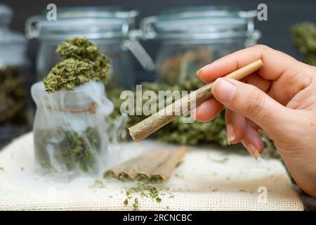 Eine Frau hält vorgerollte Konen zum Rauchen von Cannabis mit Cannabis indica in einer durchsichtigen Flasche Stockfoto