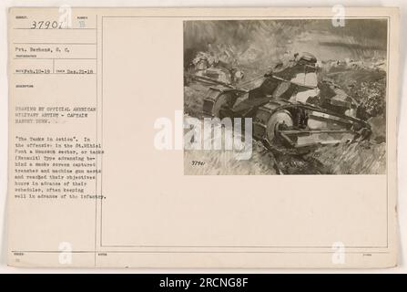 Pvt. Berhens ist auf diesem Foto zu sehen, das am 21. Dezember 1918 aufgenommen wurde. Es wurde von Captain Harvey Dunn gezeichnet, einem offiziellen amerikanischen Militärkünstler. Das Bild zeigt Renault Type-Tanks, die sich während der Offensive in der St. Mihiel Pont, ein Mousson-Sektor. Diese Panzer eroberten erfolgreich Gräben und Nester von Maschinengewehren und erreichten ihre Ziele oft früher als geplant und blieben der Infanterie voraus. Dieses Bild stammt aus der Sammlung „The Tanks in Action“. Stockfoto