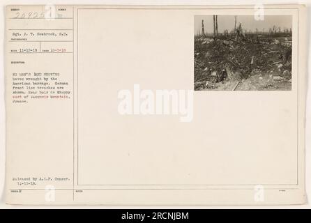 Amerikanisches Sperrfeuer verursacht Chaos im Niemandsland in der Nähe von bois de Cheppy östlich des Vanquois Mountain, Frankreich. Die Abbildung zeigt die Gräben der deutschen Frontlinie. Sergeant J. T. Seabrook vom Signalkorps hat dieses Foto auf 10-5-18 aufgenommen. Bild veröffentlicht von A.E.F. Zensor auf 11-15-18. Stockfoto