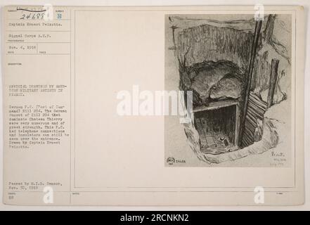 Captain Ernest Peixottos Foto vom 4. November 1918 zeigt das deutsche Dugout von Hügel 204 im Chateau Thierry. Diese Dugouts waren zahlreich und stark befestigt. Das Foto zeigt den Eingang der deutschen Kommandostelle (P.C.) mit sichtbaren Telefonanschlüssen und Isolatoren. Die Zeichnung wurde von Captain Peixotto gemacht und später vom M.I.D. genehmigt Zensor am 30. November 1918." Stockfoto