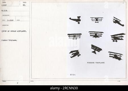 Ein Foto mit einem Fokker Triplane, einer Art deutsches Flugzeug im Ersten Weltkrieg. Das Foto wurde im Juni 1918 aufgenommen und ist Nummer 11816 in der M.I.B. -Sammlung. Das Flugzeug trägt das Symbol „EU“ und wird als bemerkenswertes Beispiel für ein Fokker Triplane bezeichnet. Stockfoto