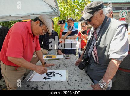 Vancouver, Kanada. 15. Juli 2023. Beim Chinatown Festival 21. in Vancouver, British Columbia, Kanada, am 15. Juli 2023 werden chinesische Kalligraphien gezeigt. Die zweitägige Familienveranstaltung begann hier am Samstag. Kredit: Liang Sen/Xinhua/Alamy Live News Stockfoto