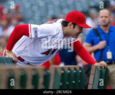 Anaheim, Kalifornien, USA. 15. Juli 2023. Der Los Angeles Angels Baseballspieler SHOHEI OHTANI spricht mit seinem Dolmetscher vor einem Spiel mit den Houston Astros am 15. Juli 2023 im Angel Stadium in Anaheim. Die Engel gewannen das Spiel 13-12 in 10 Innings. (Kreditbild: © Mark Edward Harris/ZUMA Press Wire) NUR REDAKTIONELLE VERWENDUNG! Nicht für den kommerziellen GEBRAUCH! Stockfoto