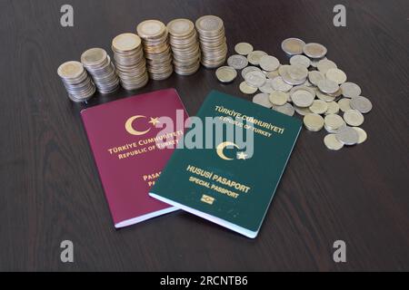 Türkisches Eisen und Papiergeld mit türkischem Pass auf schwarzem Hintergrund. Wirtschaft und Finanzen. Stockfoto