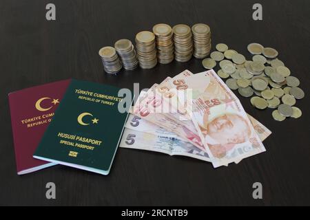 Türkisches Eisen und Papiergeld mit türkischem Pass auf schwarzem Hintergrund. Wirtschaft und Finanzen. Stockfoto