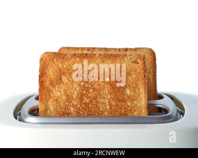 Getoastete Brotscheiben im Toaster auf weißem Hintergrund Stockfoto