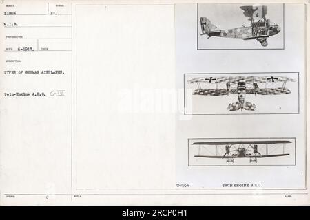 Foto im Juni 1918 mit einem europäischen Symbol auf der Überschrift „NUMMER 11804 M.I.B.“ mit einer Beschreibung verschiedener Flugzeugtypen in Deutschland. Das spezielle Flugzeug auf dem Bild ist ein zweimotoriges A.E.G. G-IV, wie in den Anmerkungen auf dem Foto angegeben. Stockfoto