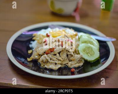 Thai Food, gebratenes Schweinefleisch mit Knoblauch, serviert mit Reis, Spiegelei und Gurke Stockfoto