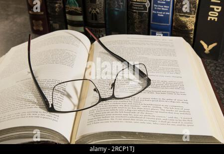 Klassische Lederbücher mit Lesebrille Stockfoto