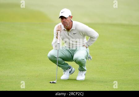 Rory McIlroy auf dem 1. Green am 4. Tag der Genesis Scottish Open 2023 im Renaissance Club, North Berwick. Foto: Sonntag, 16. Juli 2023. Stockfoto