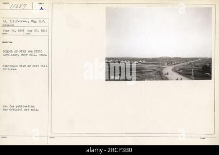 Panoramablick auf Fort Sill, Oklahoma, aufgenommen am 27. Juni 1918. Das Foto zeigt LT. E.N. Jackson von der Sig. R.C. Reco nimmt eine Feuerschule für die Feldartillerie. Dieses Bild ist nicht zur Veröffentlichung bestimmt und nur zur amtlichen Verwendung bestimmt. Stockfoto