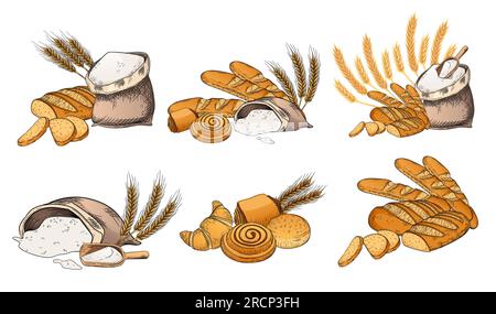 Sammlung von farbigen handgezeichneten Skizzen Mehlsäcke Brot und süße leckere Brötchen Vektorillustration isoliert auf weißem Hintergrund Stock Vektor