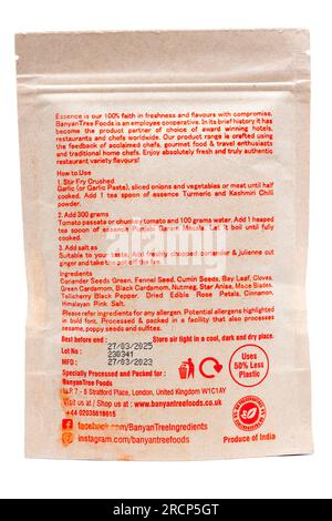 100 Gramm Packung Banyan Tree Foods Garam Masala Powder 100% alles natürliche indische Herkunft und Informationen zur Verwendung Stockfoto