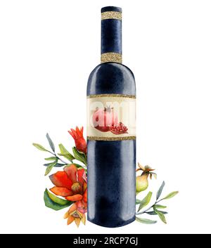 Aquarelle Granatapfelrotweinflasche mit Früchten, Stücken, Zweigen und Blumen, Illustration isoliert auf Weiß Stockfoto