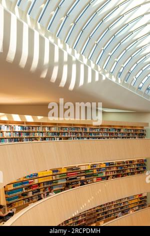 Zürich, Schweiz-27. Mai 2023; Studenten der Universität Zürich in der Bibliothek des Instituts für Recht in einem geschwungenen, von Spani mit Glas überkappten hölzernen Atrium Stockfoto