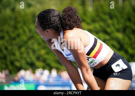 Espoo, Finnland. 16. Juli 2023. Die belgische Delphine Nkansa wurde während des 200m-Rennens der Frauen am vierten und letzten Tag der Europameisterschaft der Leichtathletik U23 am Sonntag, den 16. Juli 2023 in Espoo, Finnland, abgebildet. Die Europameisterschaften finden vom 13. Bis 17. Juli statt. BELGA PHOTO COEN SCHILDERMAN Credit: Belga News Agency/Alamy Live News Stockfoto