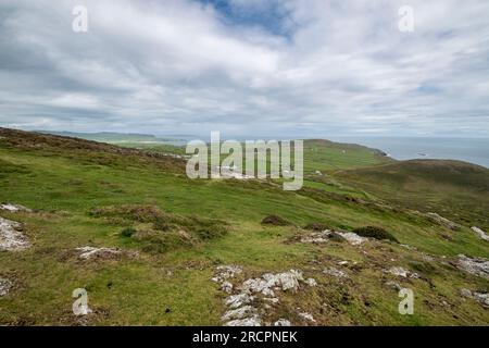 Blick von Mynydd Mawr auf die Lleyn Peninsula North Wales mit Blick auf Aberdaron in der Ferne Stockfoto